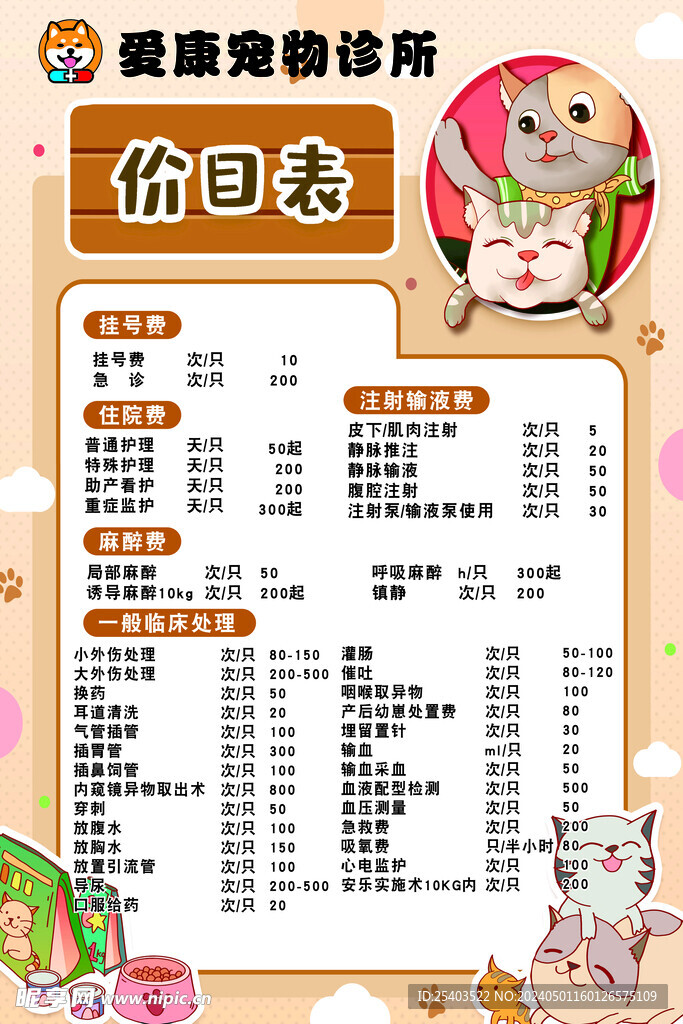 宠物价目表