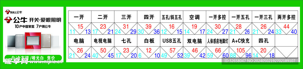 公牛开关 价格表