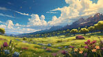 平原草地，植物丰茂的春天，黄昏，阳光明亮，天空晴朗，细节丰富，儿童插画
