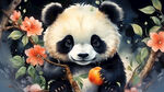 呆萌可爱熊猫，国潮背景，拿着一个桃子