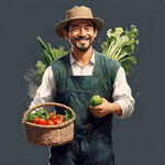平面手绘风格  中国男性农夫 带着草帽 面带笑容 双手举起 装满蔬菜的篮子 兴高采烈 正面站立  白色背景高清
