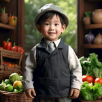 男儿童，对称美学， 带着帽， 面带笑容， 双手捧着装满蔬菜的篮子，3D模型 正面站立 看镜头，高清