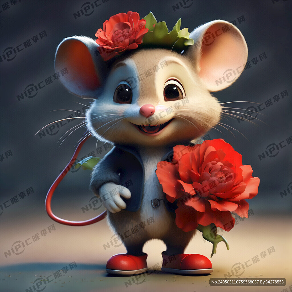 卡通老鼠抱红色大花