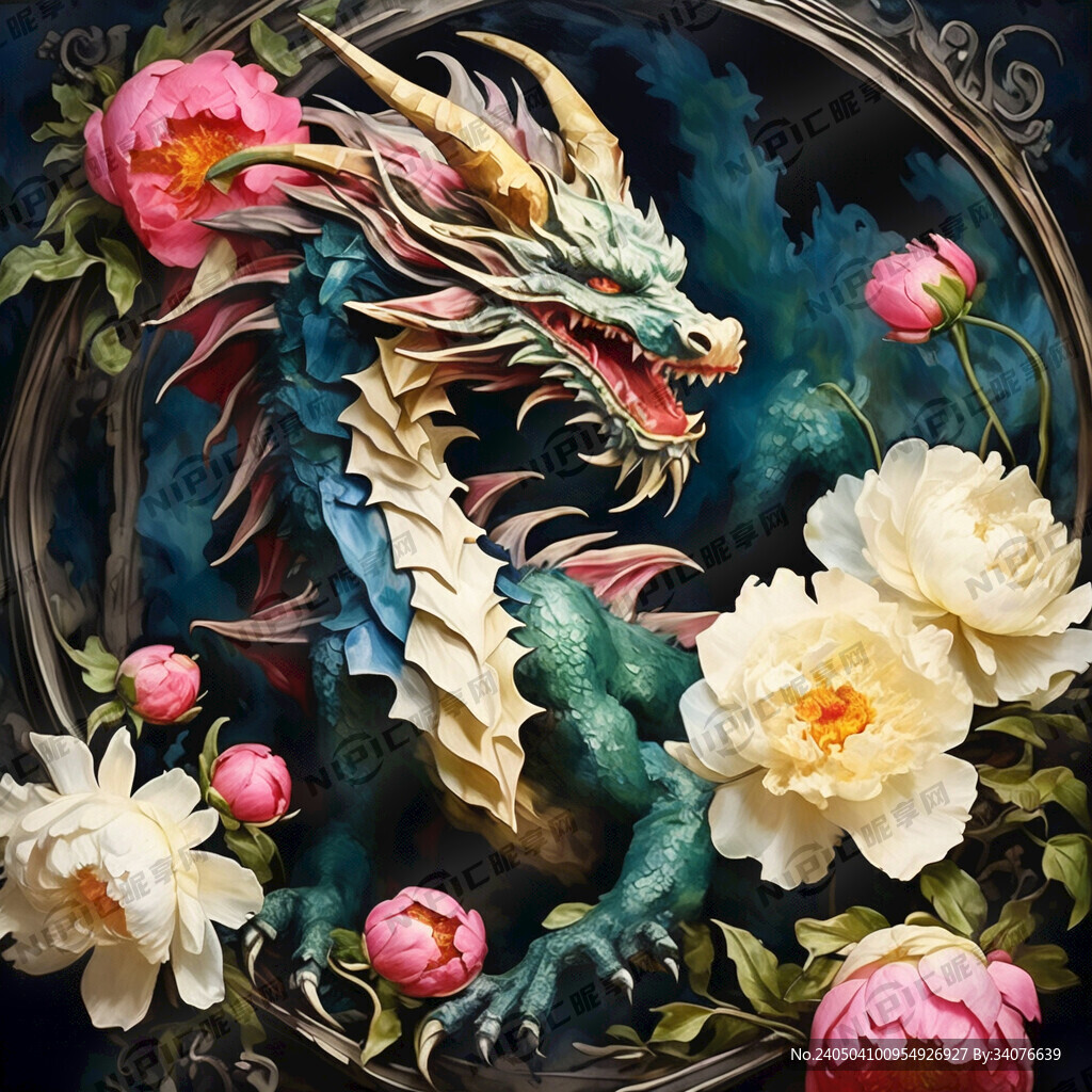 龙与牡丹花的结合  精致 精清