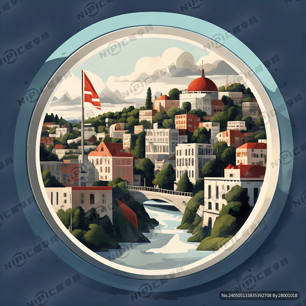 圆形里面扁平画城市下面加一个横