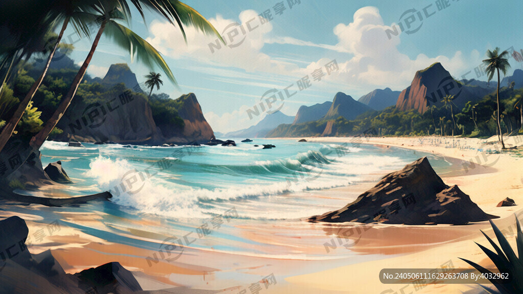 热带沙滩 冲浪 扁平插画