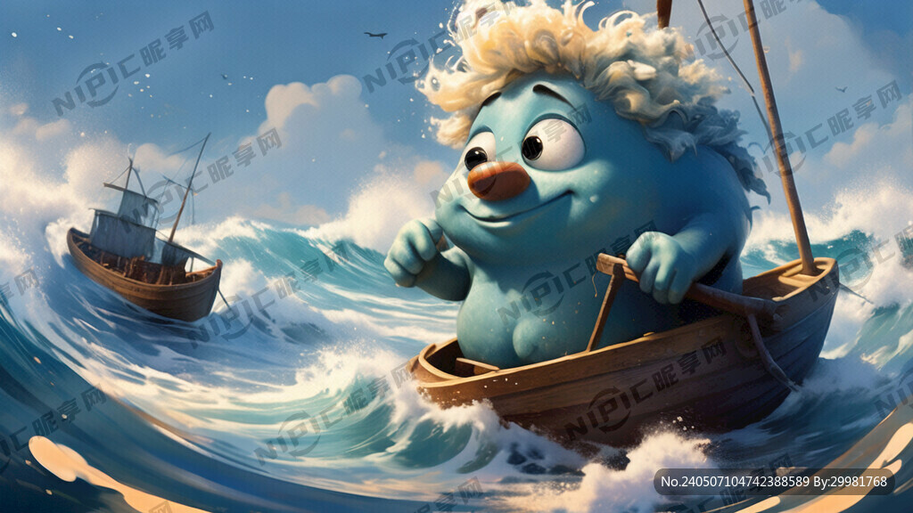 蓝色。海浪 卡通 船 人物