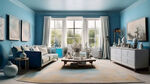 纯蓝色客厅 墙和地面都是蓝色 天花板是蓝色 窗帘是白色 其他物品是白色