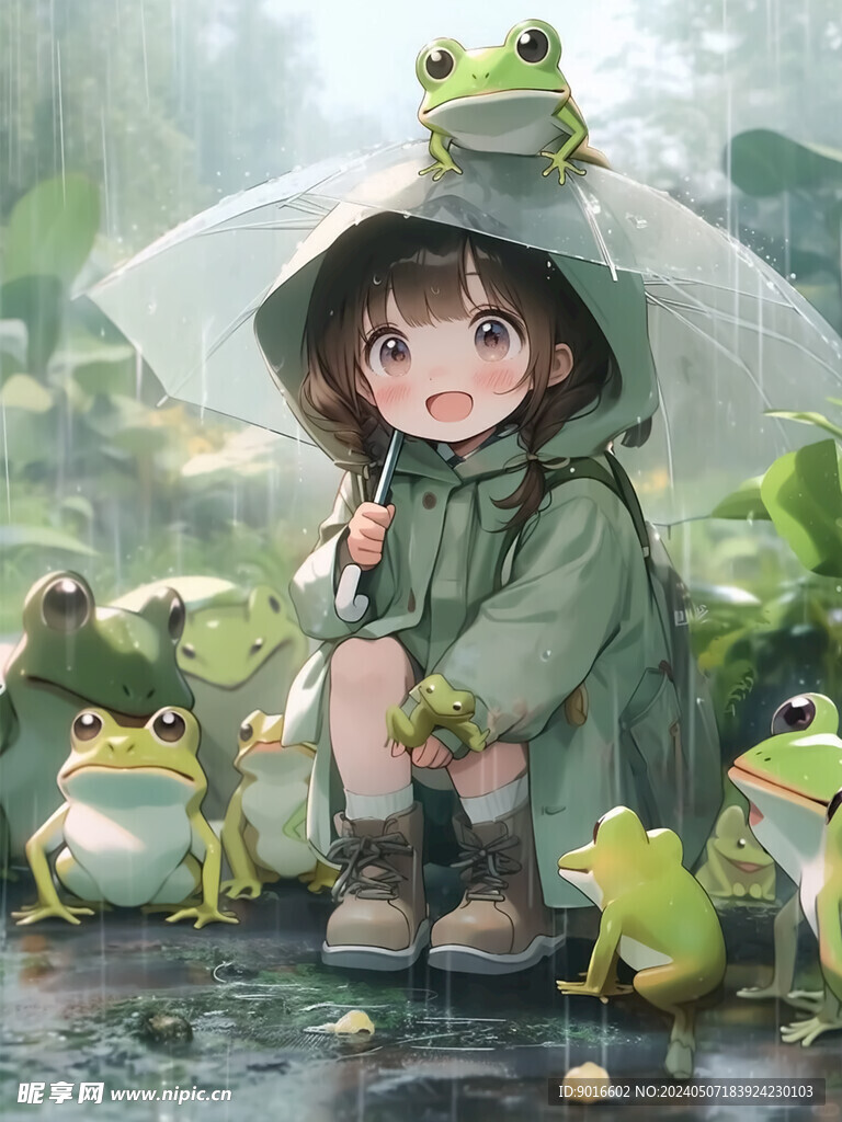 卡通人物雨天青蛙