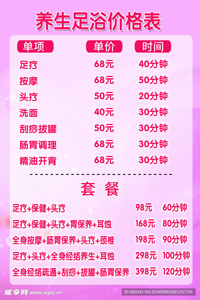 足疗价格表