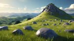 照片的山丘覆盖着翠绿色的草，阳光明媚的天气，晶莹剔透的石头，超现实，辛烷值渲染，