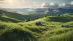 照片的山丘覆盖着翠绿色的草，阳光明媚的天气，超现实，辛烷值渲染，