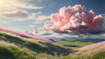 山丘覆盖着淡粉色的草，阳光明媚的天气，天空云彩炫酷，超现实，辛烷值渲染，