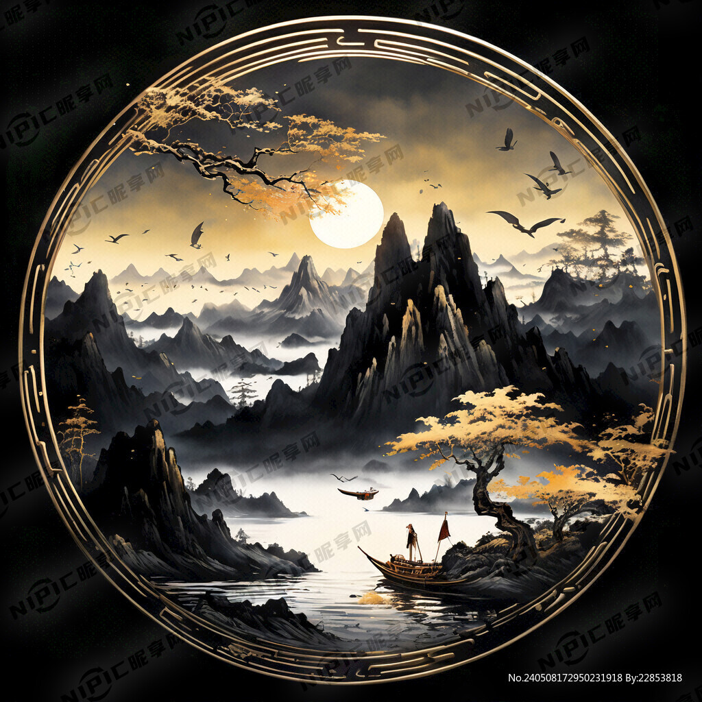 黑色背景 山水画 鎏金 水