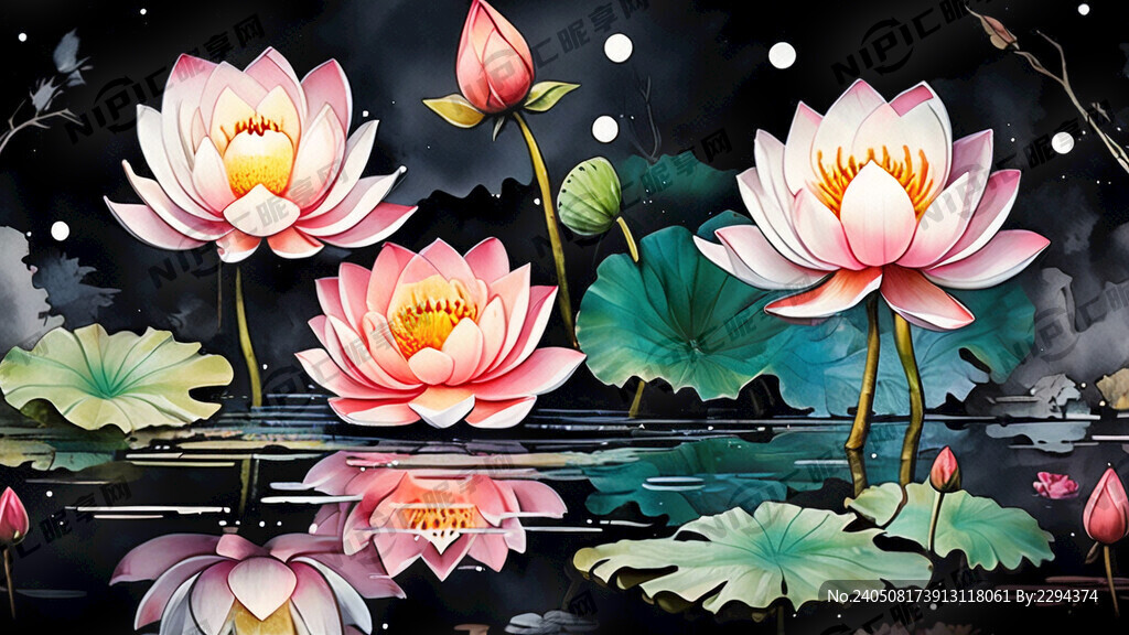 中国风山水背景 小船 荷花