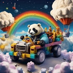用乐高构建熊猫在星空的云朵中开车玩耍，有气球，有彩虹，