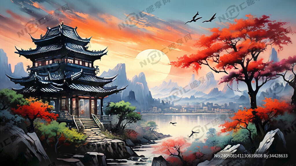 国画风格  郊外  有山有树