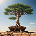 蓝天背景一棵大树健康成长，看到泥土里树根系发达的生长，生长结构剖面图