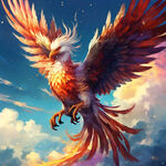 天空中一只凤凰鸟的壮观图画，色彩斑斓，细节丰富。动漫风格
