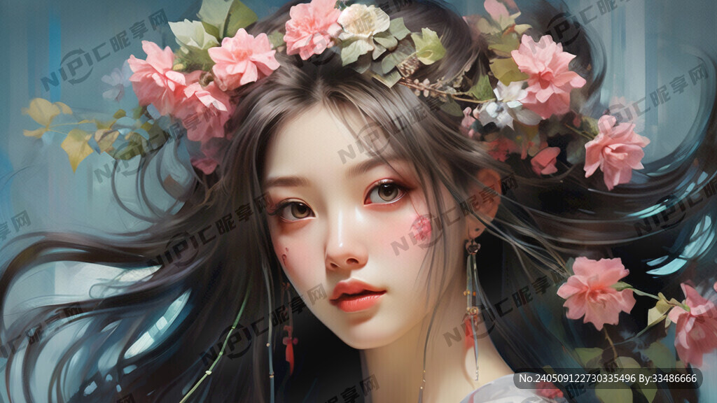 直长发美少女 头发上有鲜花装饰