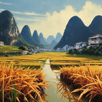 画一幅水稻成熟的稻田，背景是广西的山