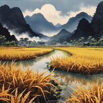 画一幅水稻成熟的稻田，背景是广西的山