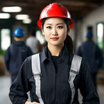 一位穿着深色长袖工作服，戴红色安全帽的女工人
女工人身后白色背景
抱着小孩