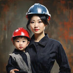 一位穿着深色长袖工作服，戴红色安全帽的女工人
抱着小孩，小孩没戴帽