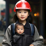 一位穿着深色长袖工作服，戴红色安全帽的女工人
抱着小孩，小孩没戴帽