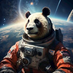 一个熊猫航天员在空间站俯瞰地球