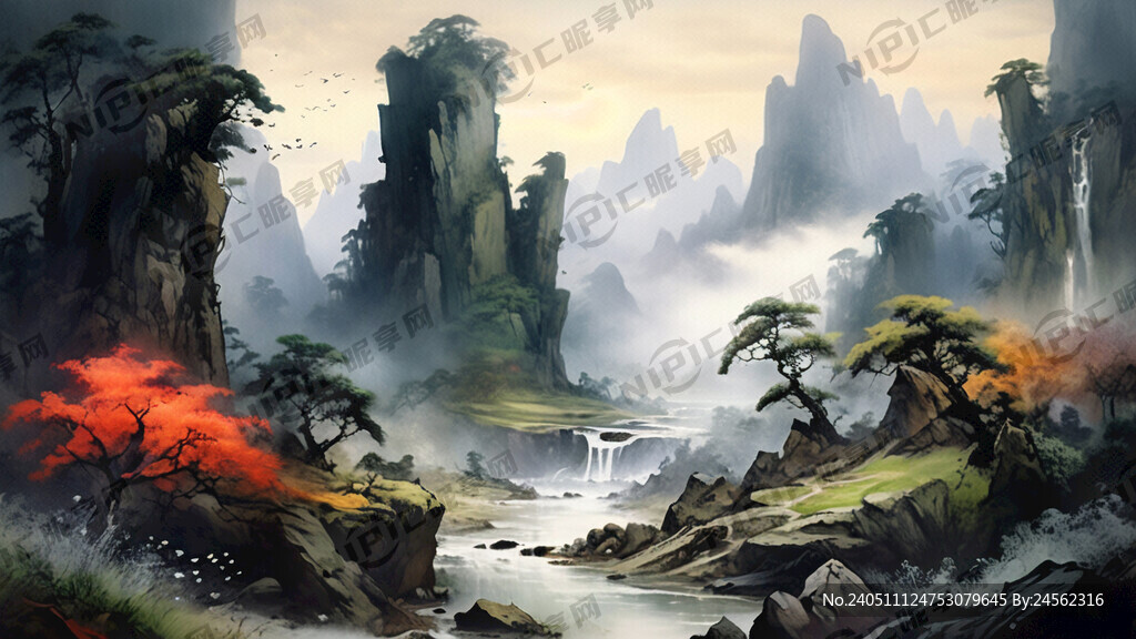 山谷 中国风 中国画 山水