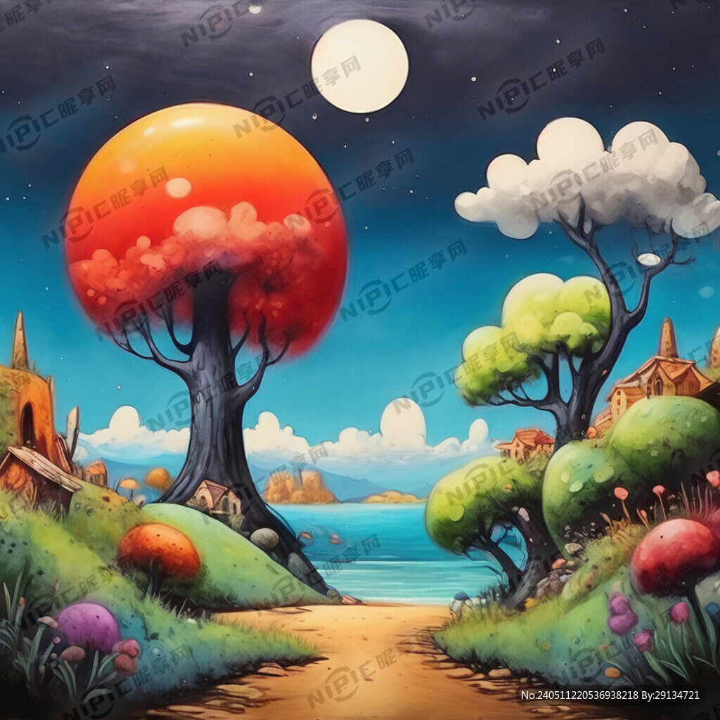 蜡笔卡通风景画
