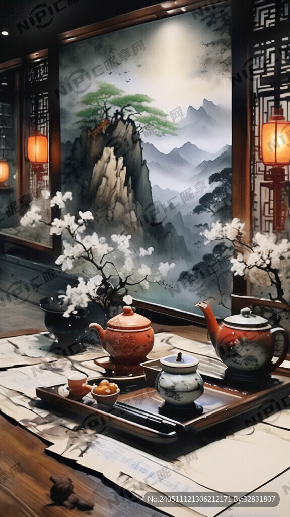 茶楼 中国风 中国画 山水