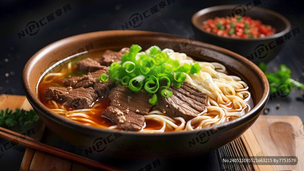 牛肉面  上面有香菜  葱花 
