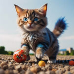 七彩猫咪，在玩绣球，全身照，蓝色的眼睛，高贵的身形