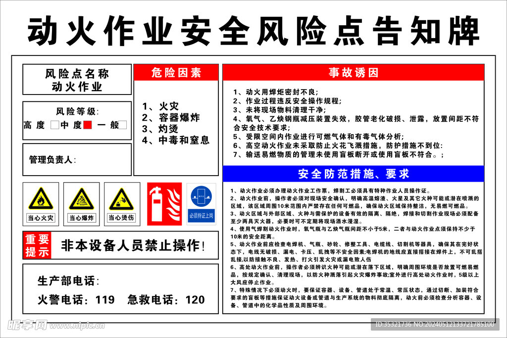 动火作业安全风险点告知牌