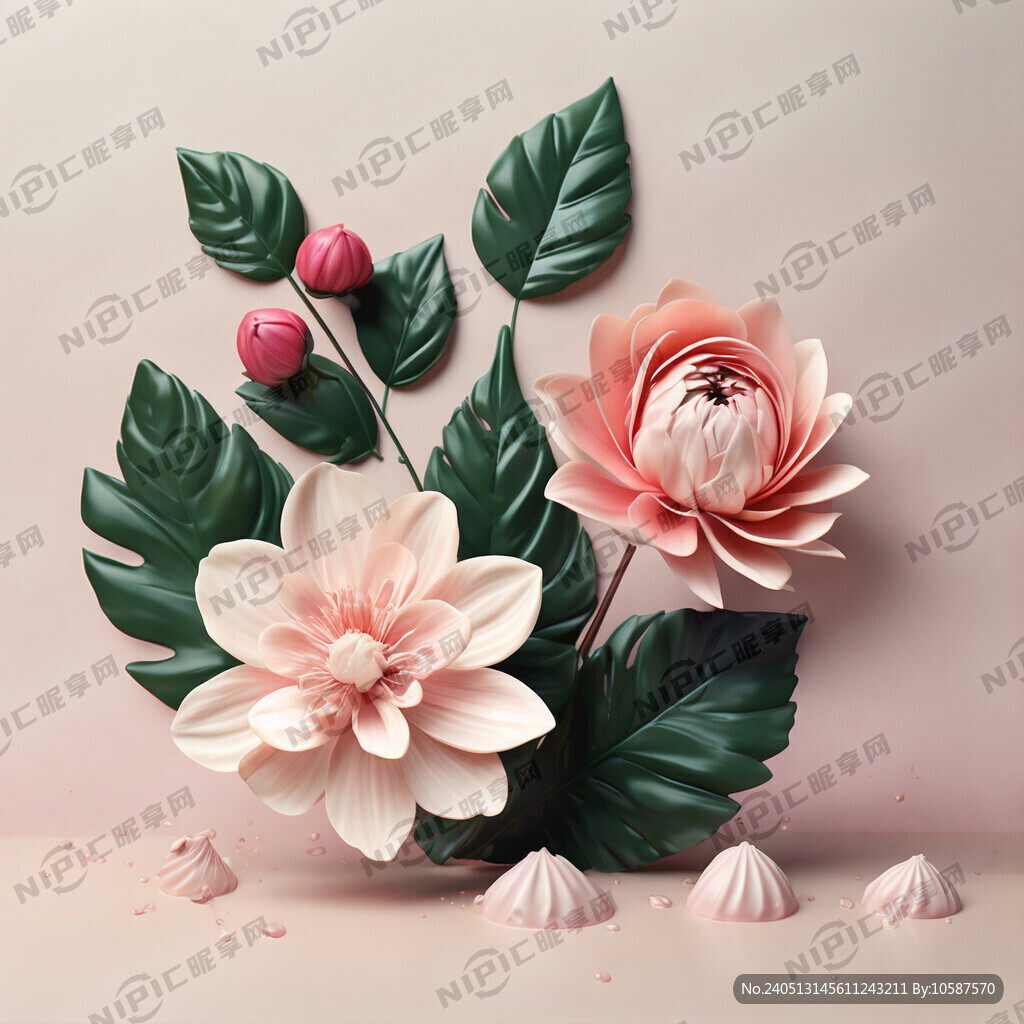 花 叶子 奶油质地 粉色 3D