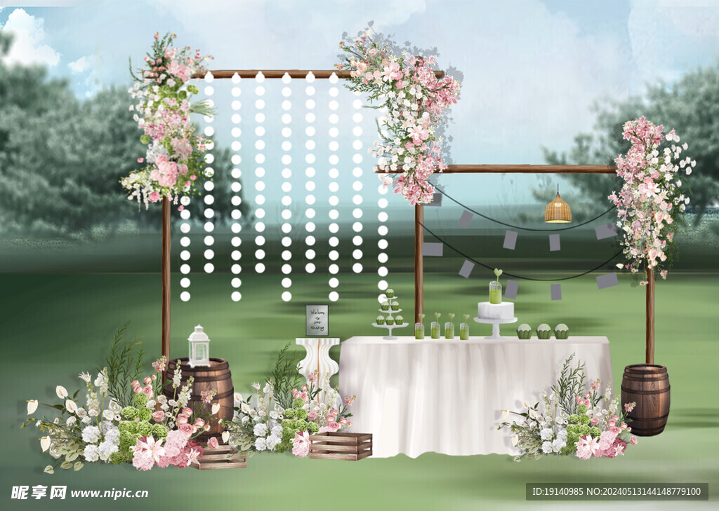白绿粉色婚礼迎宾区效果图