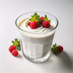 用透明杯子装着酸奶，酸奶上有水果，酸奶纯白色，正视图，纯白背景，写实风格