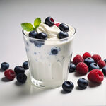 用透明杯子装着酸奶，酸奶上有水果，水果只有蓝莓和树莓，酸奶纯白色，正视图，纯白背景，写实风格