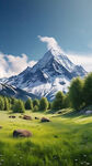 翠绿的大草原，草原后有雪山，蓝天背景，正视图，写实风格