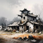 村庄废墟，破旧房屋，灰色天空，质感。