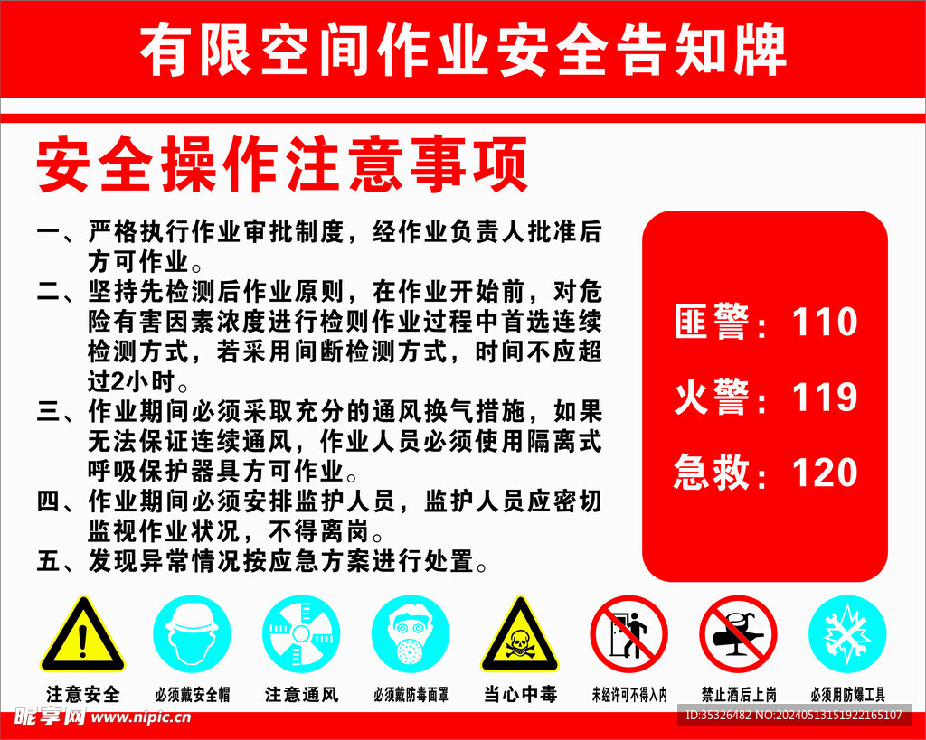 有限空间作业安全告知牌 红