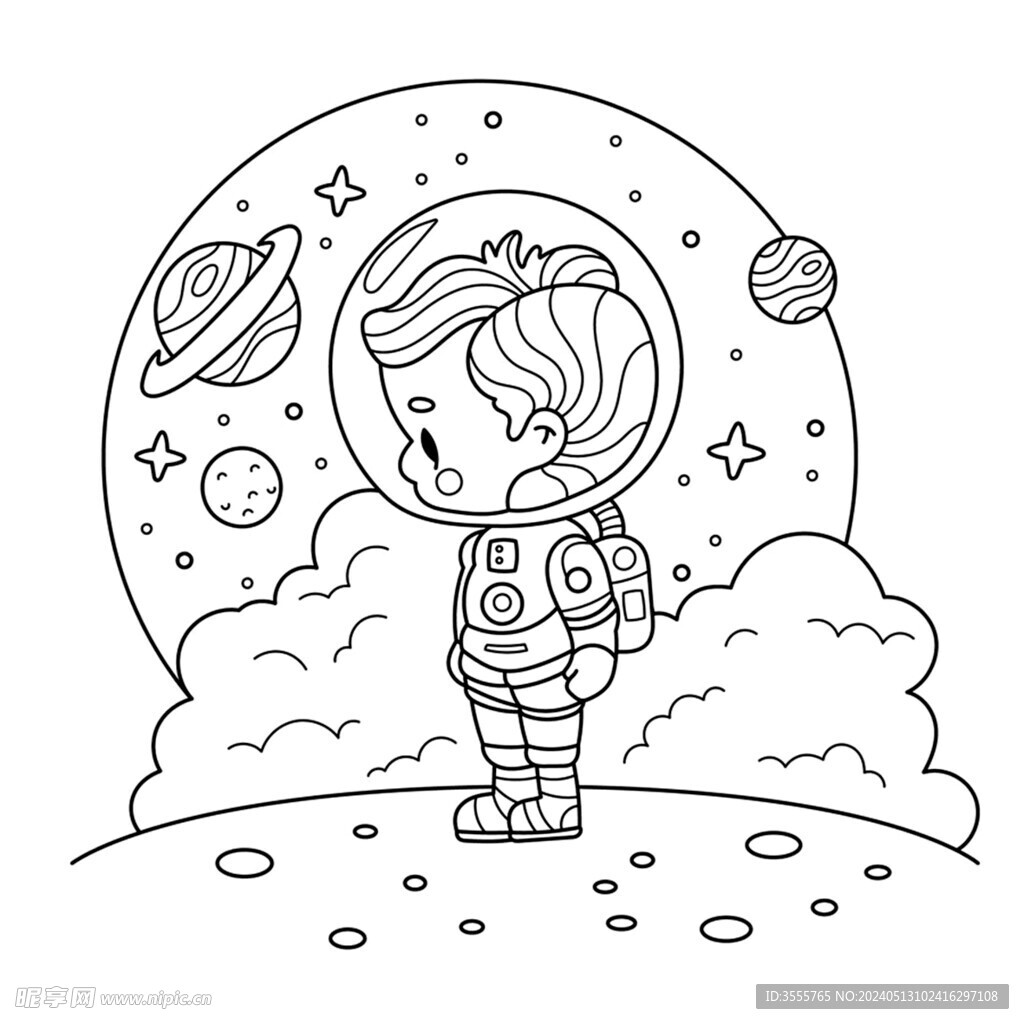 儿童卡通涂色画宇航员遨游空间站
