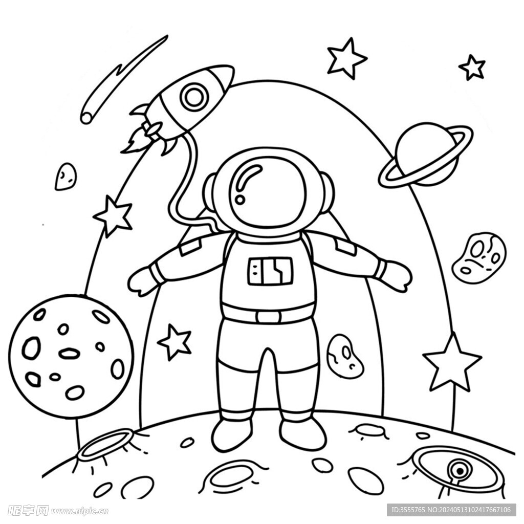 儿童涂色画 可打印画手绘宇航员