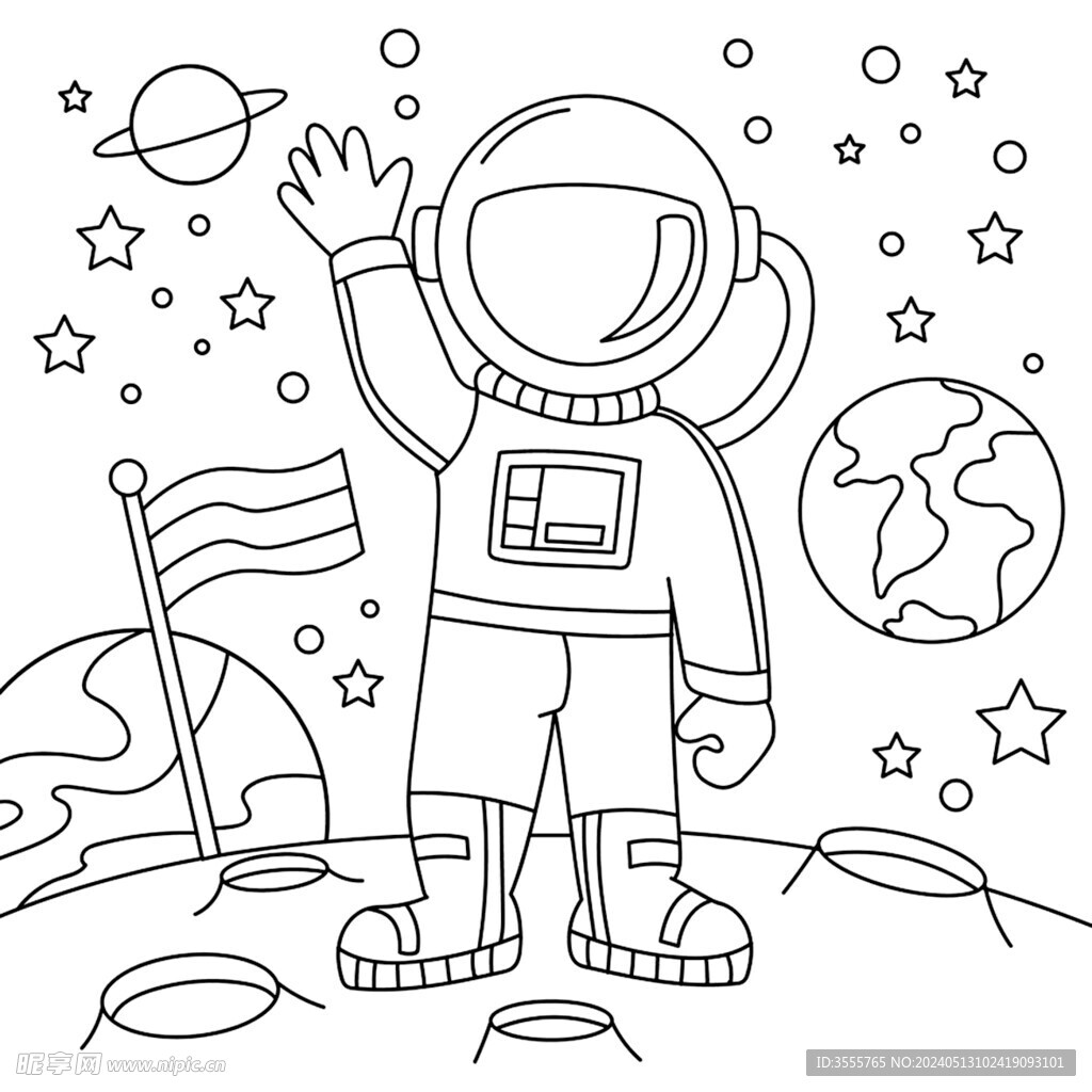 儿童阶梯涂色画宇航员遨游太空