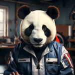 熊猫头 人身体穿着维修服  在维修工作室忙碌