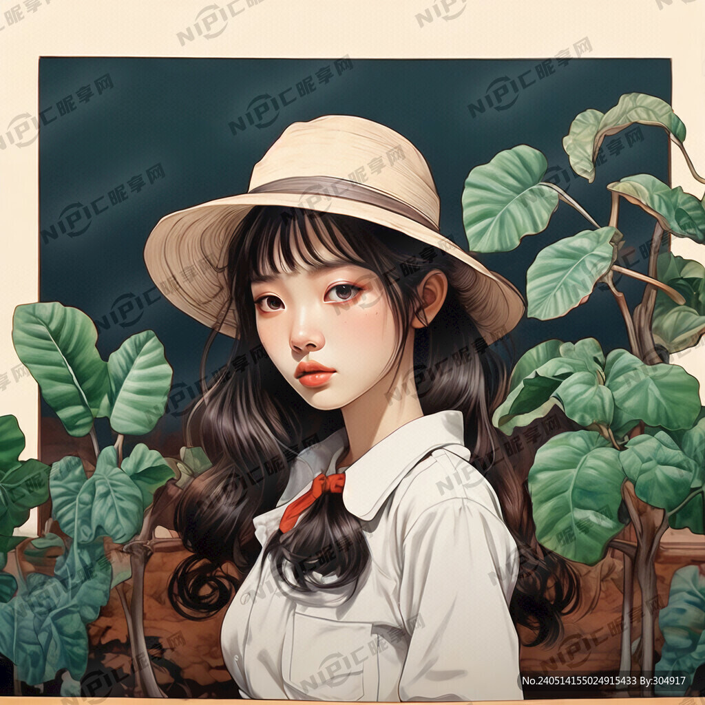 线条画女孩可可豆植物