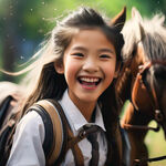 一个小学生，漂亮，长发，骑着马，开心大笑，马是白色的