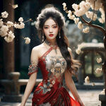 一位优雅的女性在古老的中国庭院中漫步，她身穿一件华丽的红色旗袍，旗袍上绣着金色的凤凰图案。她的头发被精心梳理并装饰着珍珠和翡翠。庭院中的樱花树在她周围盛开，落下的花瓣给画面增添了一种梦幻般的氛围。